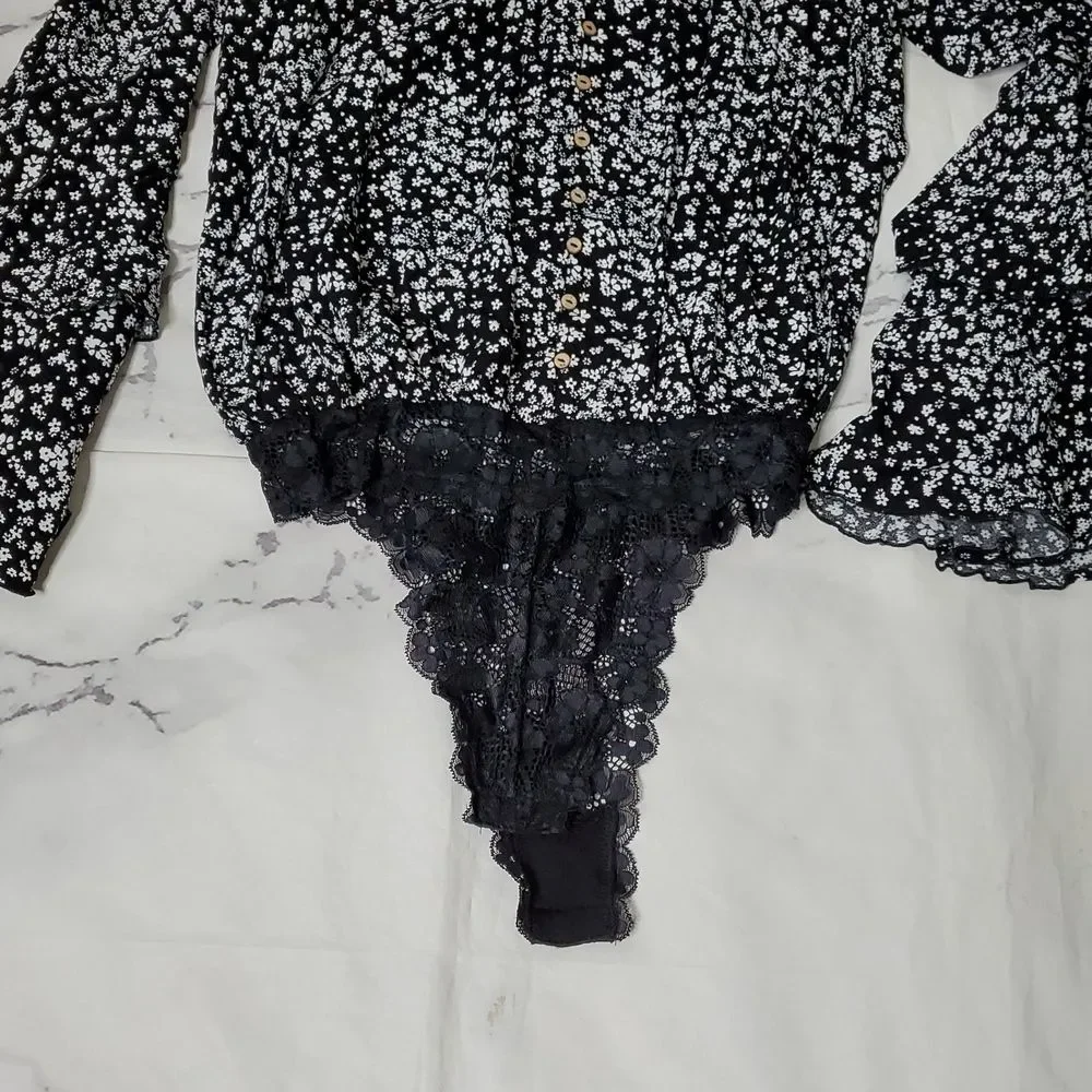 Free People Black and White Ditsy Floral Ruffled Bell Sleeve Bodysuit